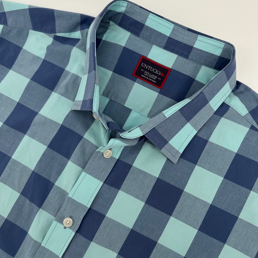 UNTUCKit Mens XXXL Blue Teal Buffalo Check Cotton Short Sleeve Button Down Shirt